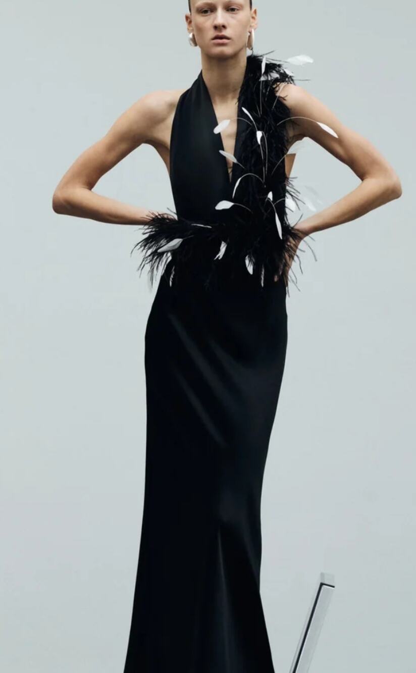 New ILA The Brand Carey Feathered Maxi Dress Black EU 36 US 4